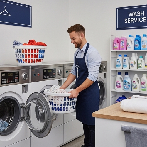 The Big Wash staff member providing wash service in Earlsfield SW18, loading fresh laundry into commercial washing machines with detergent products displayed and laundry baskets visible.